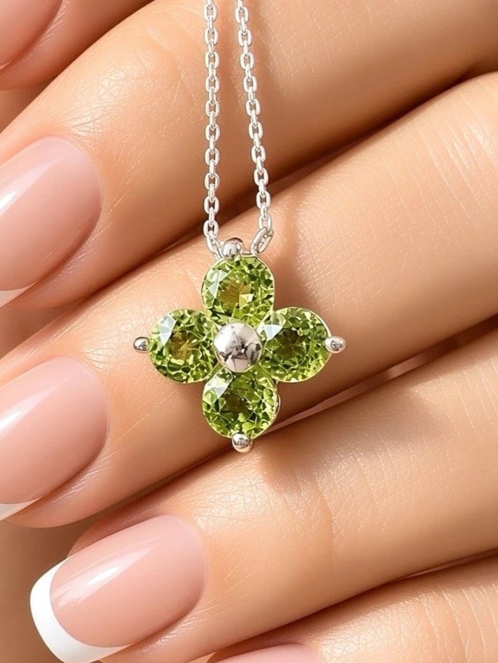 Natural Peridot Four-Leaf Clover Necklace in 925 Sterling Silver